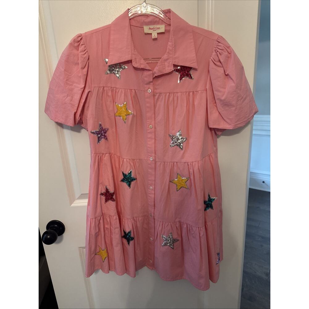 Women’s Peach Love Pink Star Sequin Tiered Mini Dress Puff Sleeves Size Medium